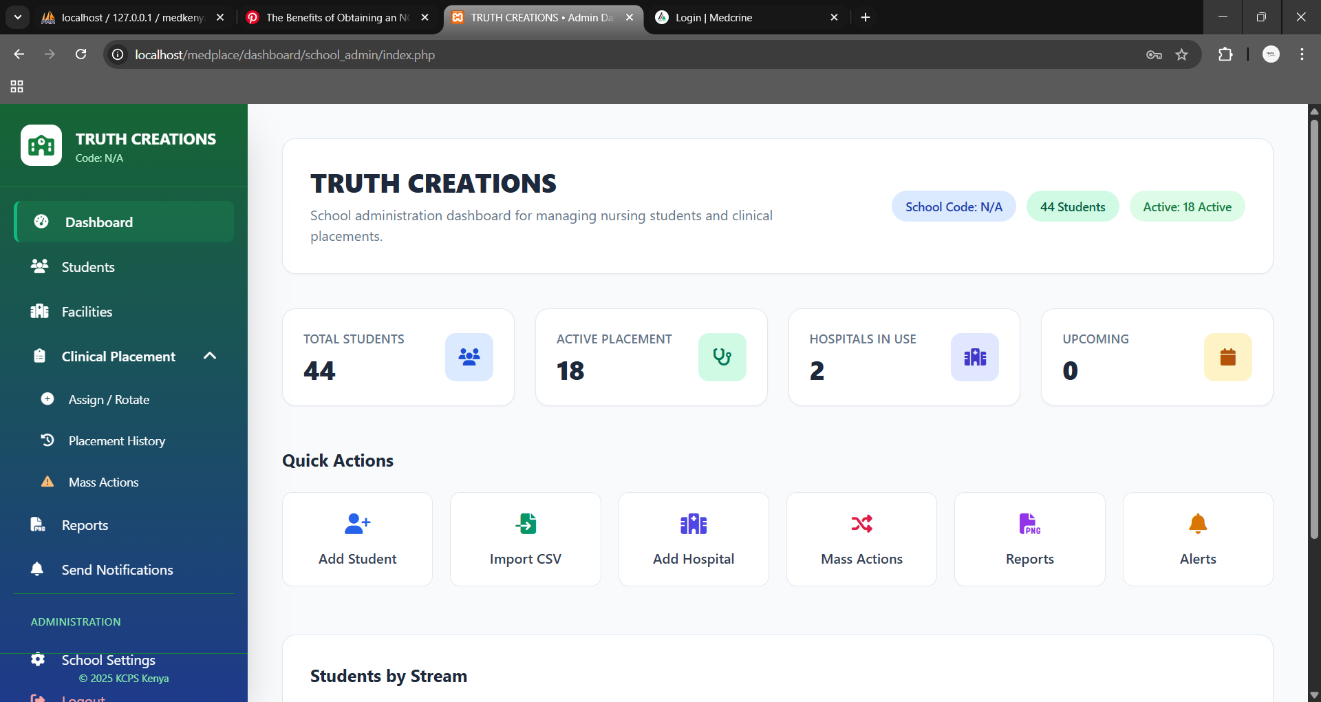 ClinPlacer dashboard showing nursing student placements and clinical rotation tracking